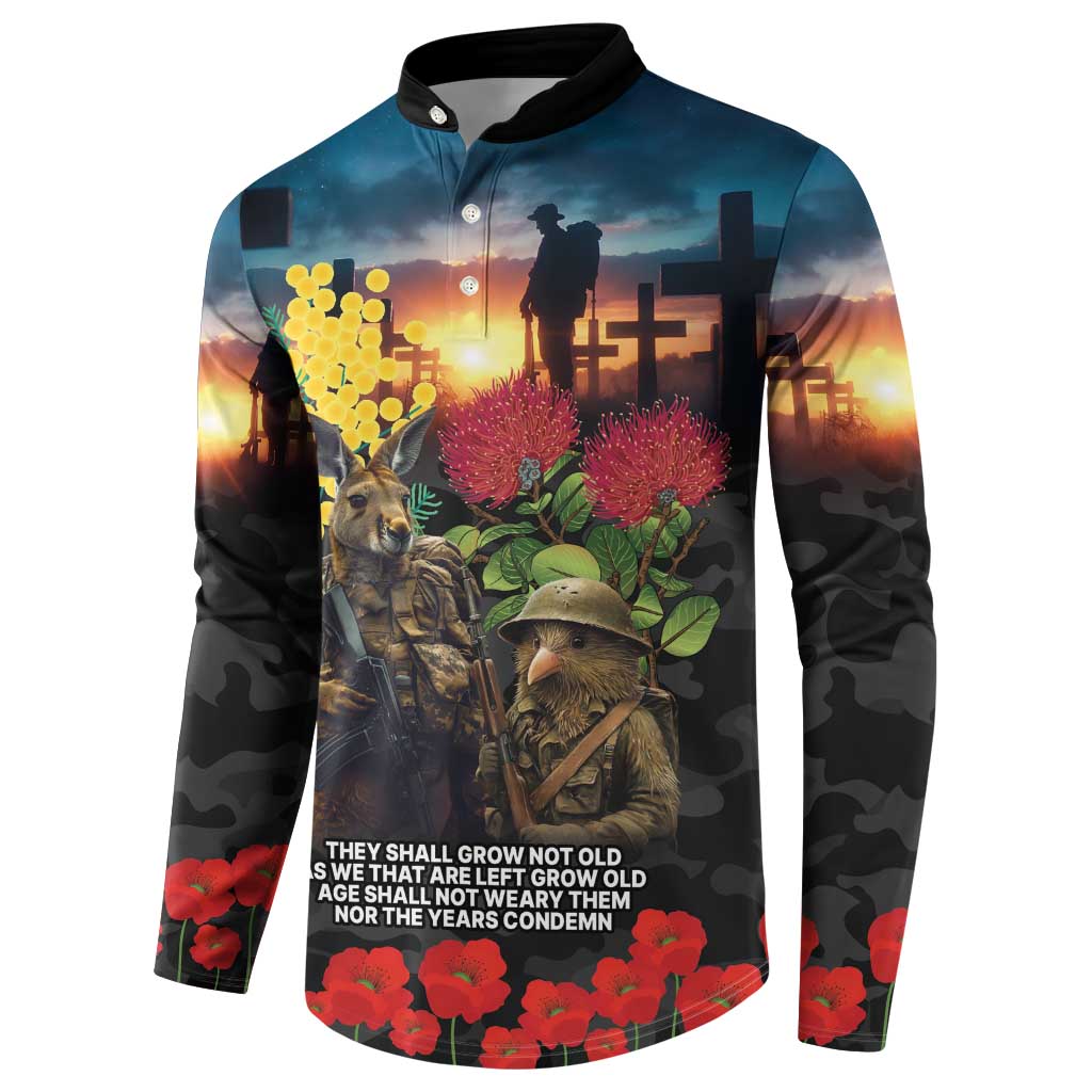 Kangaroo-Kiwi Soldier ANZAC Personalised Button Sweatshirt Golden Wattle and Pohutukawa Flowers LT9 - Polynesian Pride