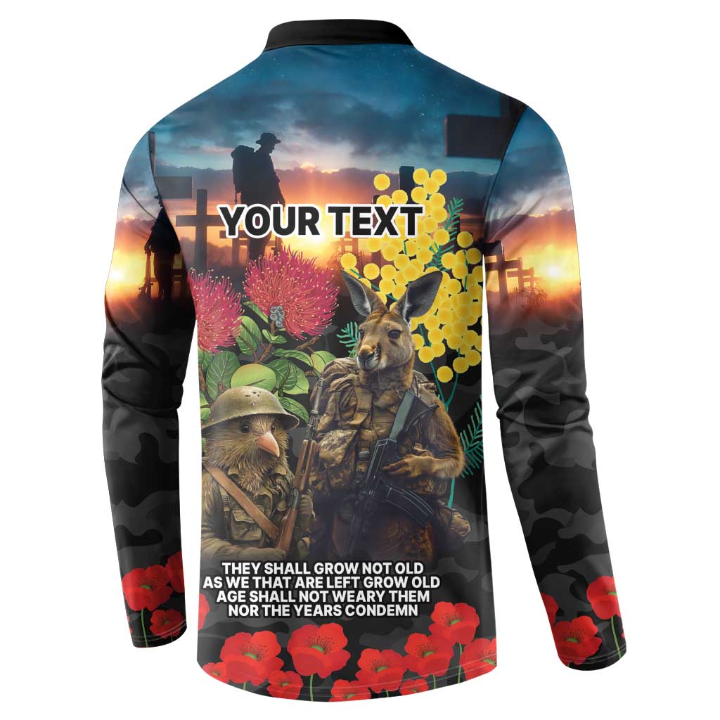 Kangaroo-Kiwi Soldier ANZAC Personalised Button Sweatshirt Golden Wattle and Pohutukawa Flowers LT9 - Polynesian Pride
