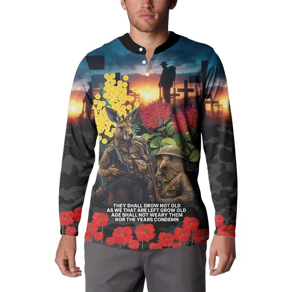 Kangaroo-Kiwi Soldier ANZAC Personalised Button Sweatshirt Golden Wattle and Pohutukawa Flowers LT9 - Polynesian Pride