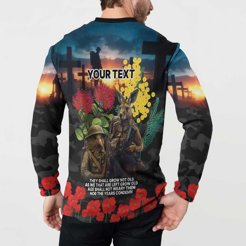 Kangaroo-Kiwi Soldier ANZAC Personalised Button Sweatshirt Golden Wattle and Pohutukawa Flowers LT9 - Polynesian Pride