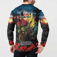 Kangaroo-Kiwi Soldier ANZAC Personalised Button Sweatshirt Golden Wattle and Pohutukawa Flowers LT9 - Polynesian Pride