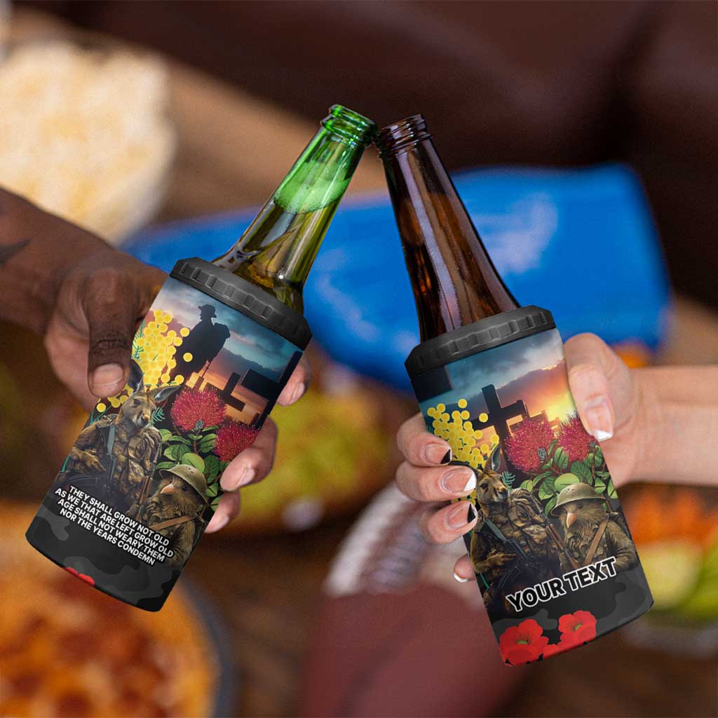 Kangaroo-Kiwi Soldier ANZAC Personalised 4 in 1 Can Cooler Tumbler Golden Wattle and Pohutukawa Flowers