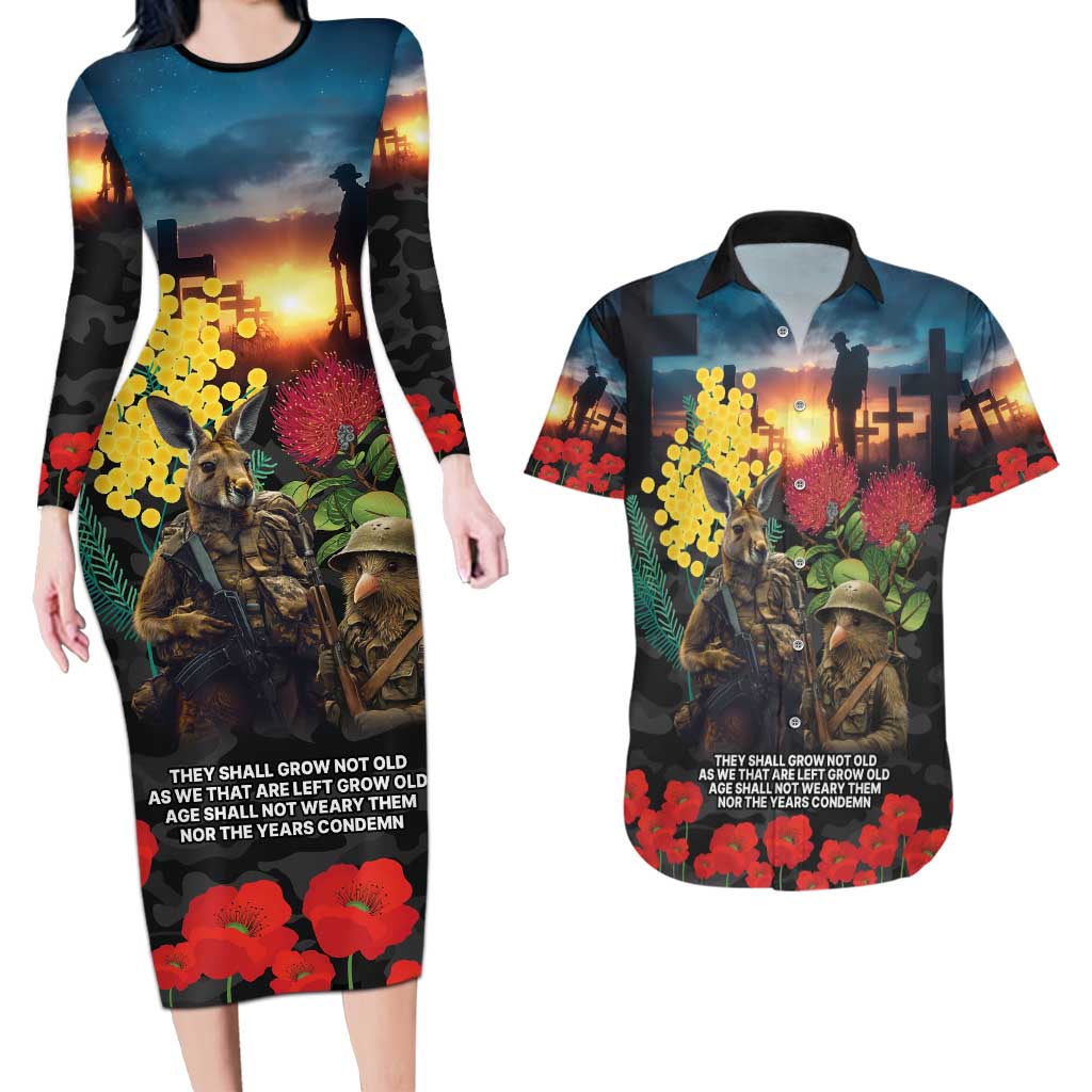 Kangaroo-Kiwi Soldier ANZAC Personalised Couples Matching Long Sleeve Bodycon Dress and Hawaiian Shirt Golden Wattle and Pohutukawa Flowers LT9 Black - Polynesian Pride