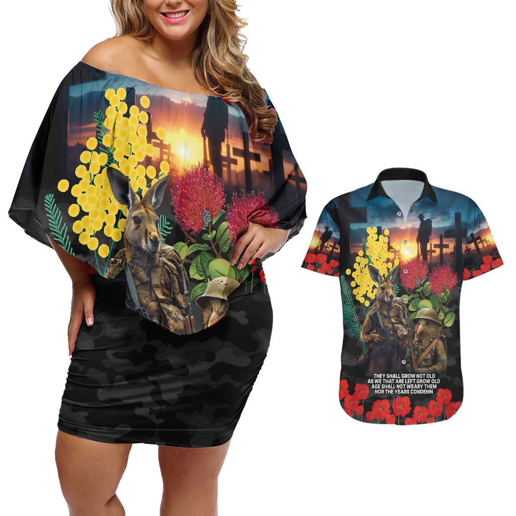 Kangaroo-Kiwi Soldier ANZAC Personalised Couples Matching Off Shoulder Short Dress and Hawaiian Shirt Golden Wattle and Pohutukawa Flowers LT9 Black - Polynesian Pride