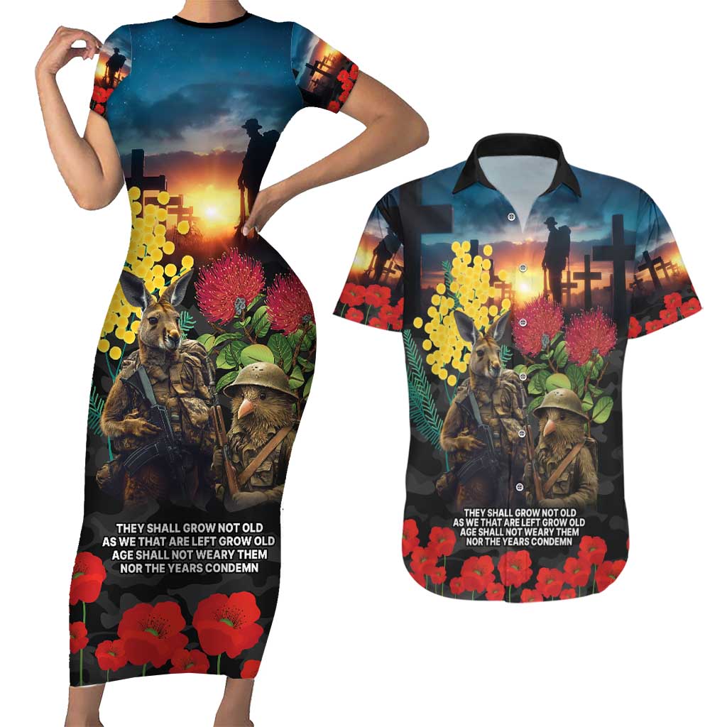 Kangaroo-Kiwi Soldier ANZAC Personalised Couples Matching Short Sleeve Bodycon Dress and Hawaiian Shirt Golden Wattle and Pohutukawa Flowers LT9 Black - Polynesian Pride