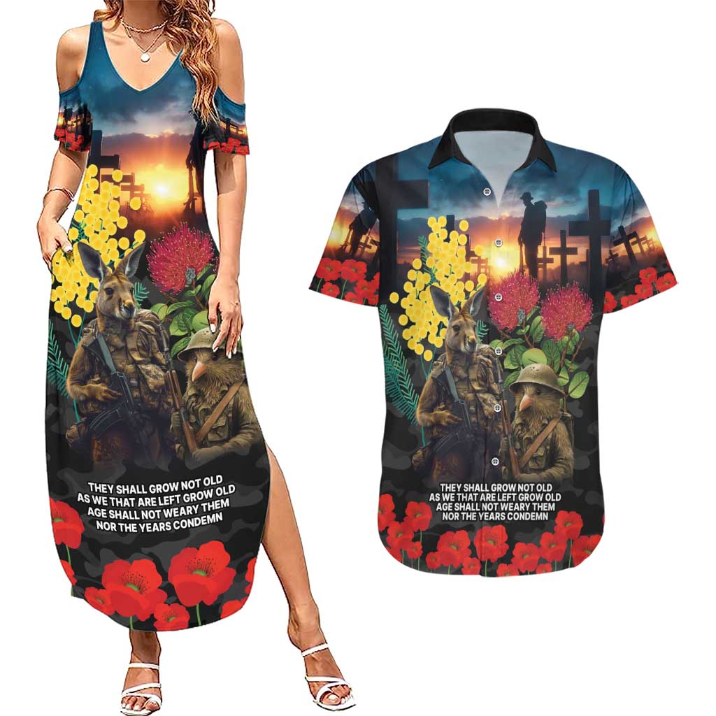 Kangaroo-Kiwi Soldier ANZAC Personalised Couples Matching Summer Maxi Dress and Hawaiian Shirt Golden Wattle and Pohutukawa Flowers LT9 Black - Polynesian Pride
