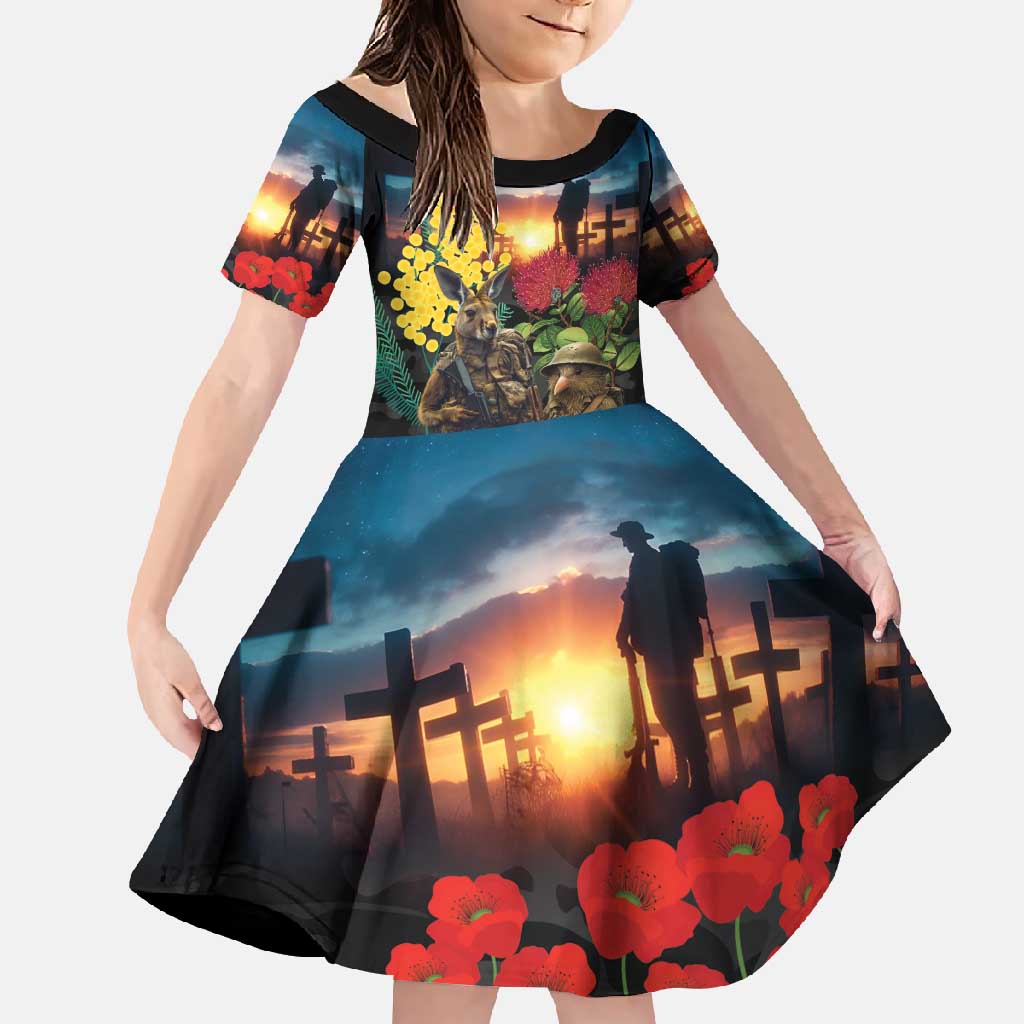 Kangaroo-Kiwi Soldier ANZAC Personalised Family Matching Long Sleeve Bodycon Dress and Hawaiian Shirt Golden Wattle and Pohutukawa Flowers