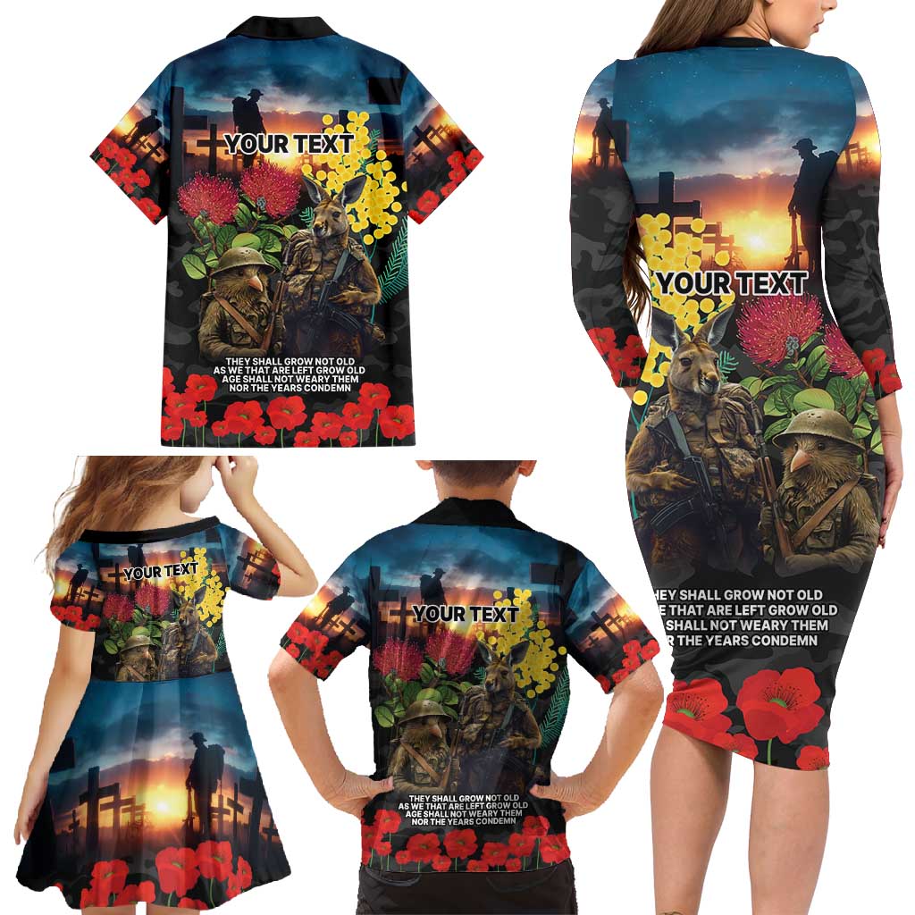 Kangaroo-Kiwi Soldier ANZAC Personalised Family Matching Long Sleeve Bodycon Dress and Hawaiian Shirt Golden Wattle and Pohutukawa Flowers