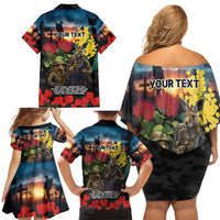 Kangaroo-Kiwi Soldier ANZAC Personalised Family Matching Off Shoulder Short Dress and Hawaiian Shirt Golden Wattle and Pohutukawa Flowers