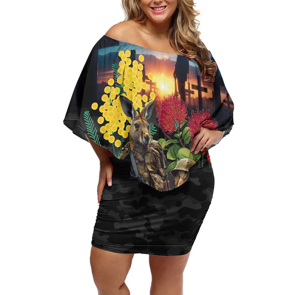 Kangaroo-Kiwi Soldier ANZAC Personalised Family Matching Off Shoulder Short Dress and Hawaiian Shirt Golden Wattle and Pohutukawa Flowers