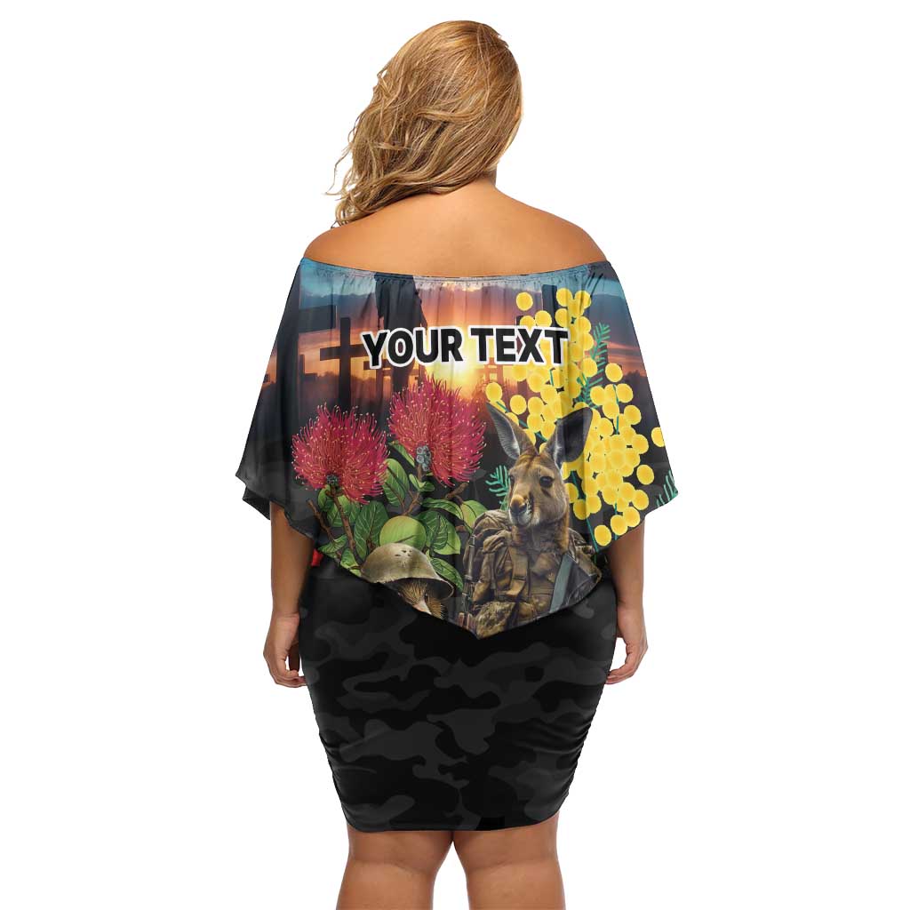 Kangaroo-Kiwi Soldier ANZAC Personalised Family Matching Off Shoulder Short Dress and Hawaiian Shirt Golden Wattle and Pohutukawa Flowers