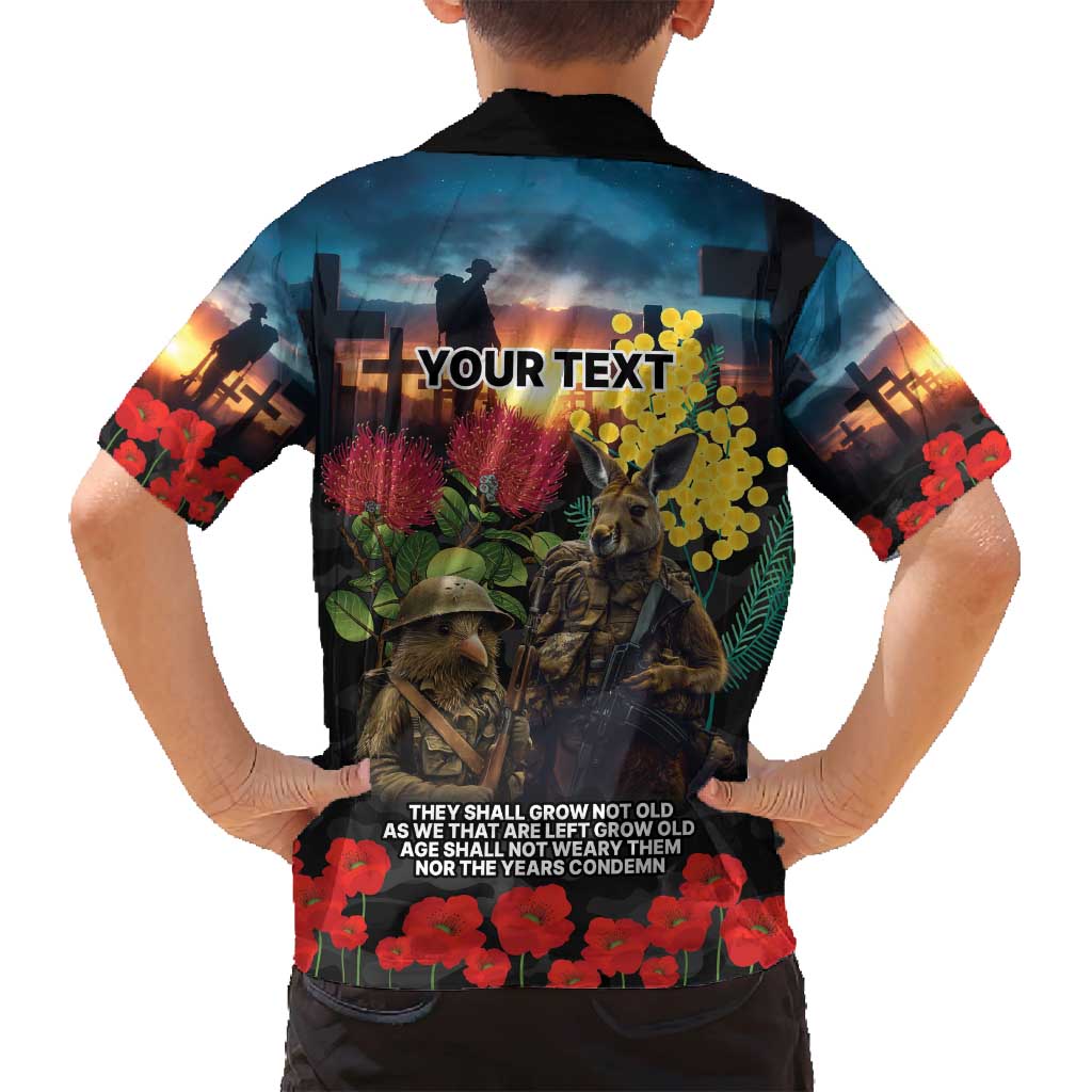 Kangaroo-Kiwi Soldier ANZAC Personalised Family Matching Puletasi and Hawaiian Shirt Golden Wattle and Pohutukawa Flowers