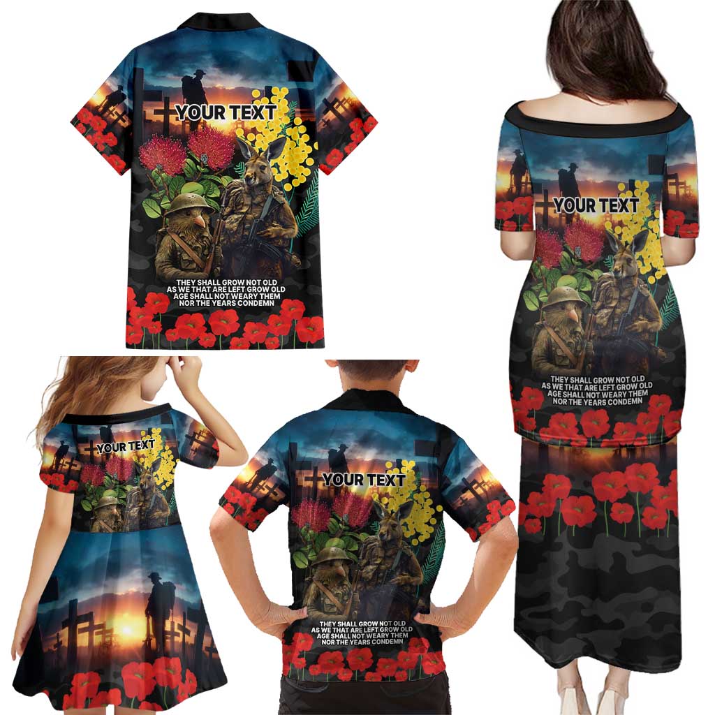 Kangaroo-Kiwi Soldier ANZAC Personalised Family Matching Puletasi and Hawaiian Shirt Golden Wattle and Pohutukawa Flowers