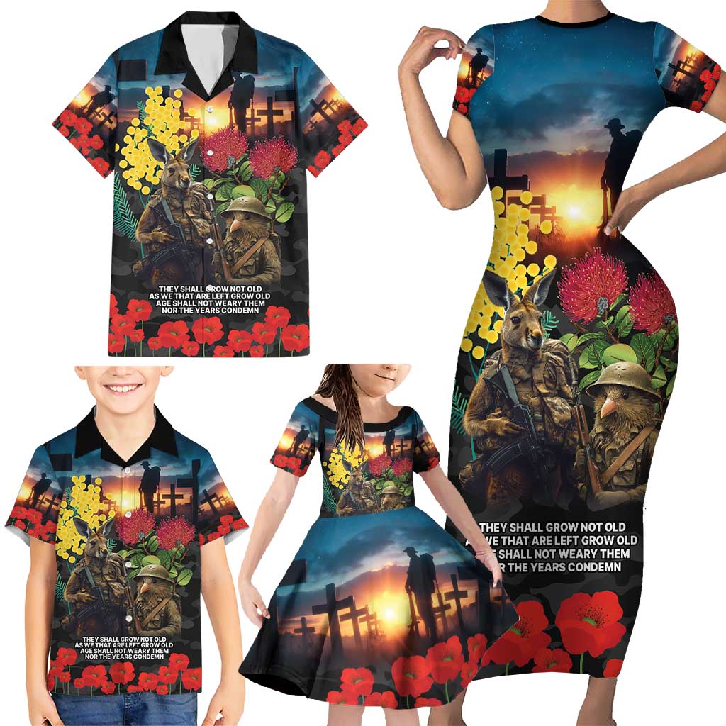 Kangaroo-Kiwi Soldier ANZAC Personalised Family Matching Short Sleeve Bodycon Dress and Hawaiian Shirt Golden Wattle and Pohutukawa Flowers