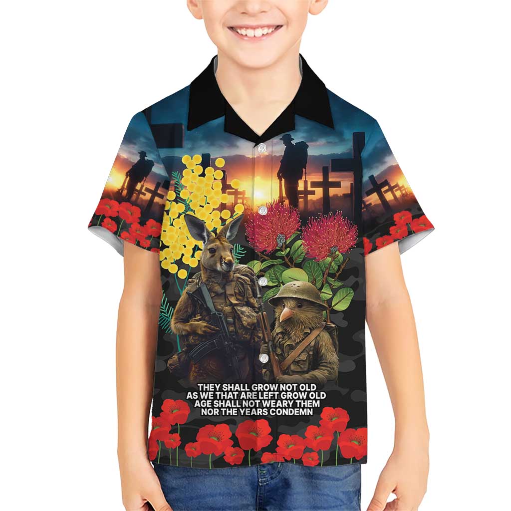 Kangaroo-Kiwi Soldier ANZAC Personalised Family Matching Short Sleeve Bodycon Dress and Hawaiian Shirt Golden Wattle and Pohutukawa Flowers