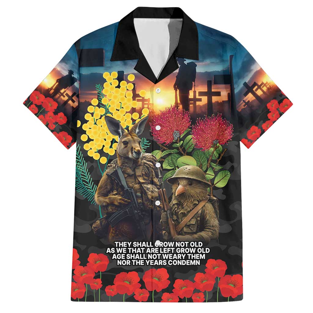 Kangaroo-Kiwi Soldier ANZAC Personalised Hawaiian Shirt Golden Wattle and Pohutukawa Flowers LT9 Black - Polynesian Pride