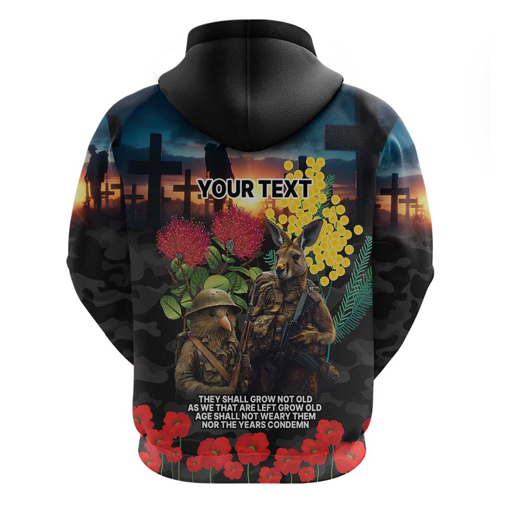 Kangaroo-Kiwi Soldier ANZAC Personalised Hoodie Golden Wattle and Pohutukawa Flowers