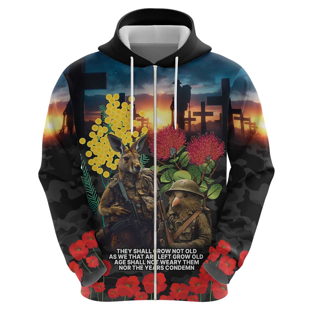 Kangaroo-Kiwi Soldier ANZAC Personalised Hoodie Golden Wattle and Pohutukawa Flowers