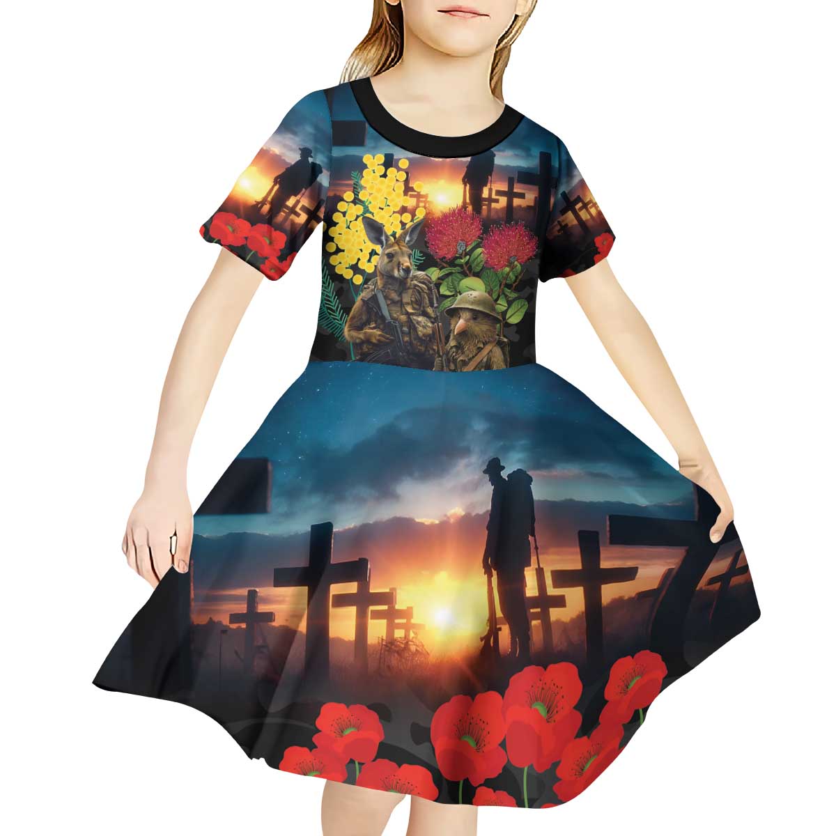 Kangaroo-Kiwi Soldier ANZAC Personalised Kid Short Sleeve Dress Golden Wattle and Pohutukawa Flowers