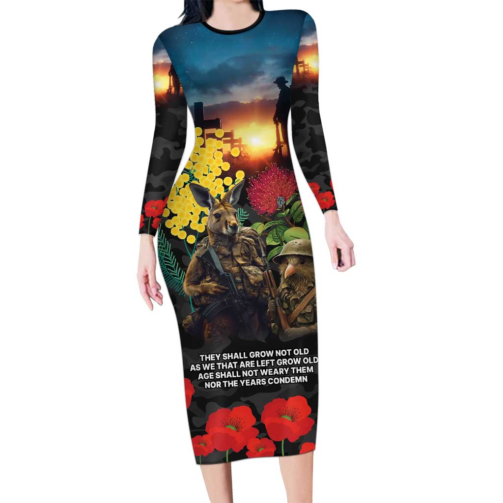 Kangaroo-Kiwi Soldier ANZAC Personalised Long Sleeve Bodycon Dress Golden Wattle and Pohutukawa Flowers