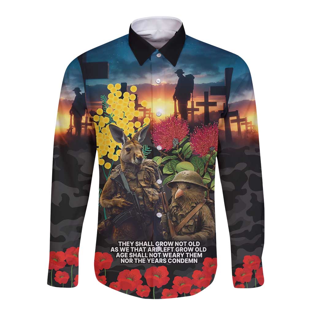 Kangaroo-Kiwi Soldier ANZAC Personalised Long Sleeve Button Shirt Golden Wattle and Pohutukawa Flowers LT9 Unisex Black - Polynesian Pride