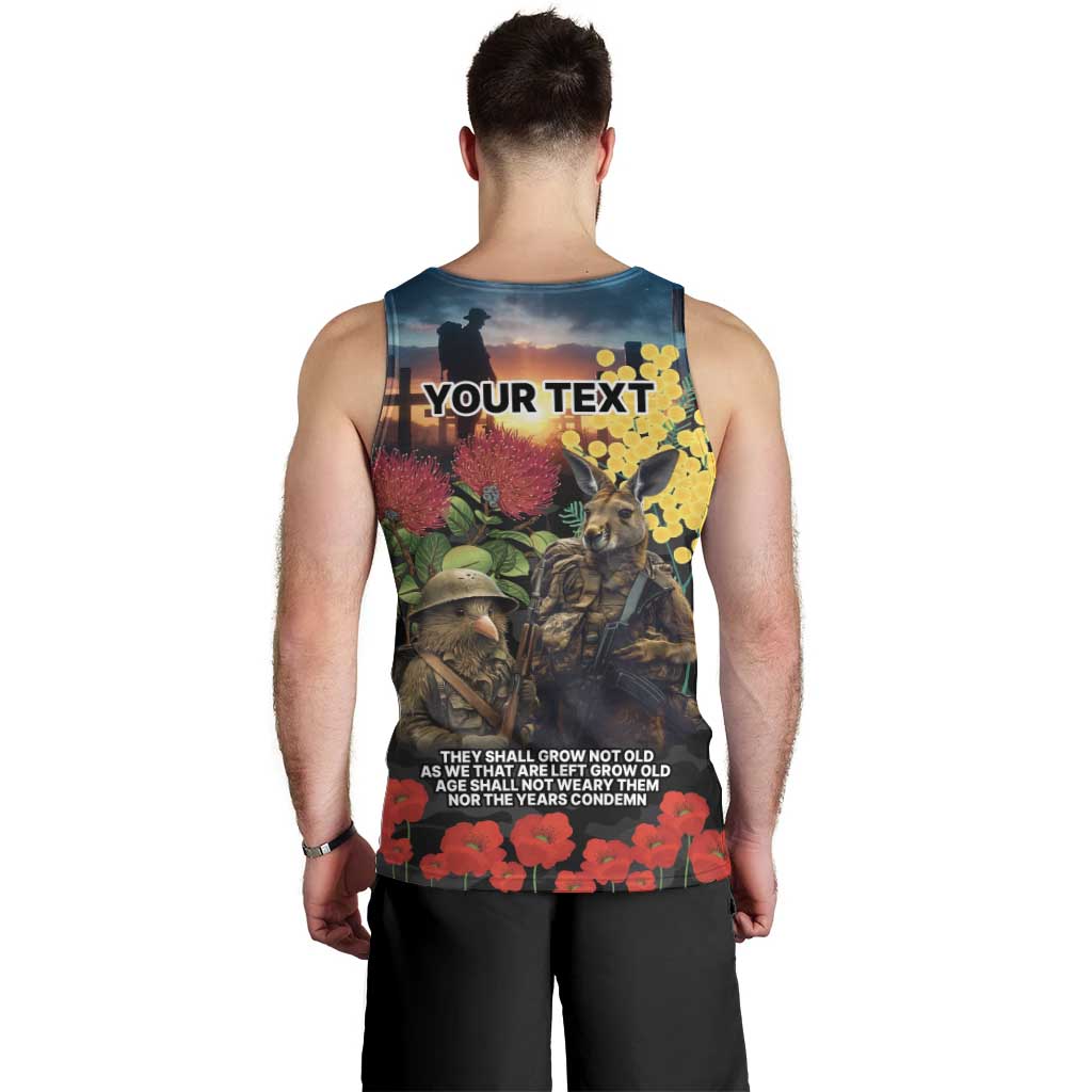 Kangaroo-Kiwi Soldier ANZAC Personalised Men Tank Top Golden Wattle and Pohutukawa Flowers LT9 - Polynesian Pride