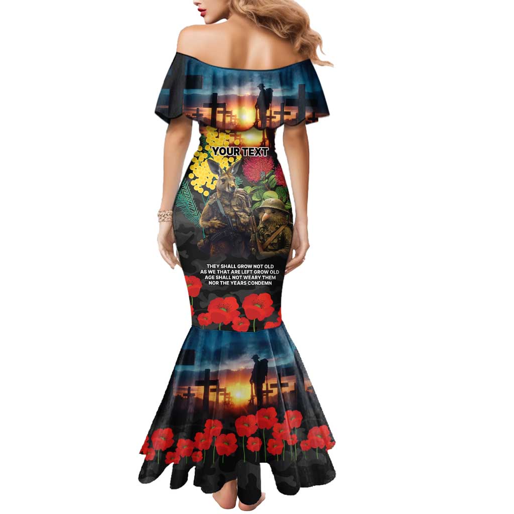 Kangaroo-Kiwi Soldier ANZAC Personalised Mermaid Dress Golden Wattle and Pohutukawa Flowers