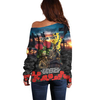Kangaroo-Kiwi Soldier ANZAC Personalised Off Shoulder Sweater Golden Wattle and Pohutukawa Flowers