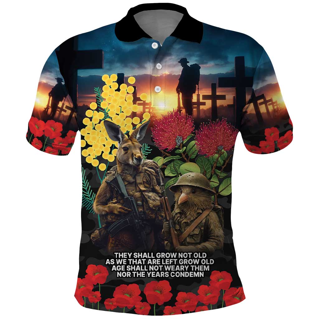 Kangaroo-Kiwi Soldier ANZAC Personalised Polo Shirt Golden Wattle and Pohutukawa Flowers