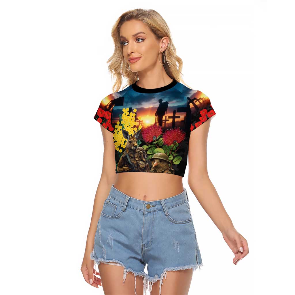 Kangaroo-Kiwi Soldier ANZAC Personalised Raglan Cropped T Shirt Golden Wattle and Pohutukawa Flowers LT9 Female Black - Polynesian Pride