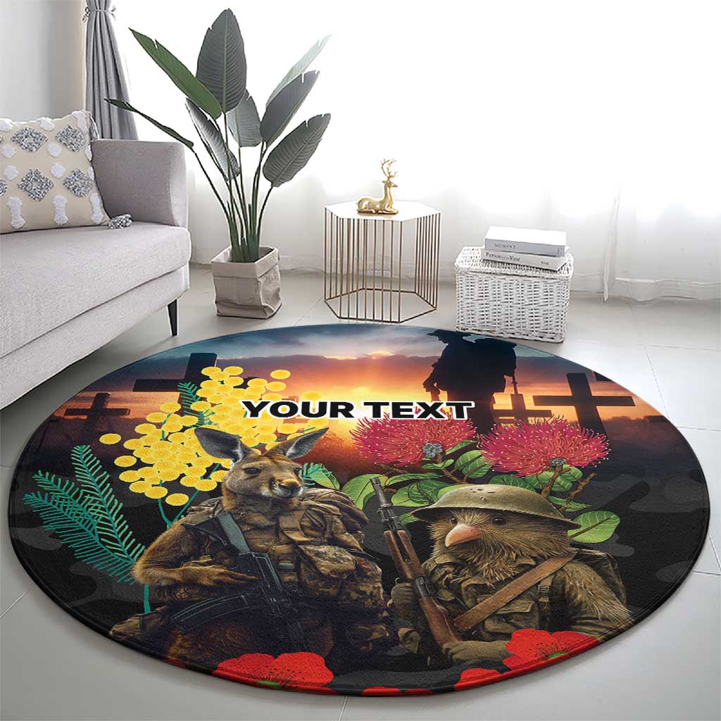 Kangaroo-Kiwi Soldier ANZAC Personalised Round Carpet Golden Wattle and Pohutukawa Flowers