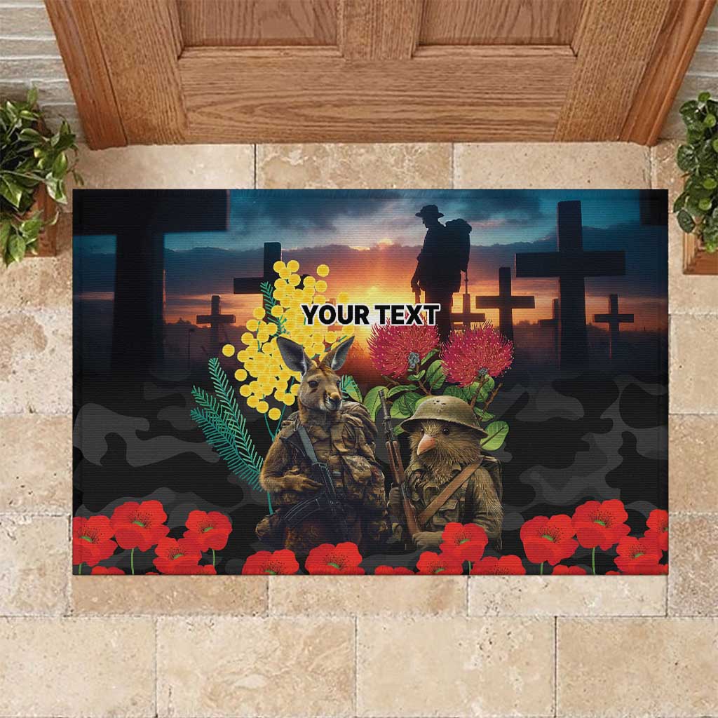 Kangaroo-Kiwi Soldier ANZAC Personalised Rubber Doormat Golden Wattle and Pohutukawa Flowers LT9 Black - Polynesian Pride