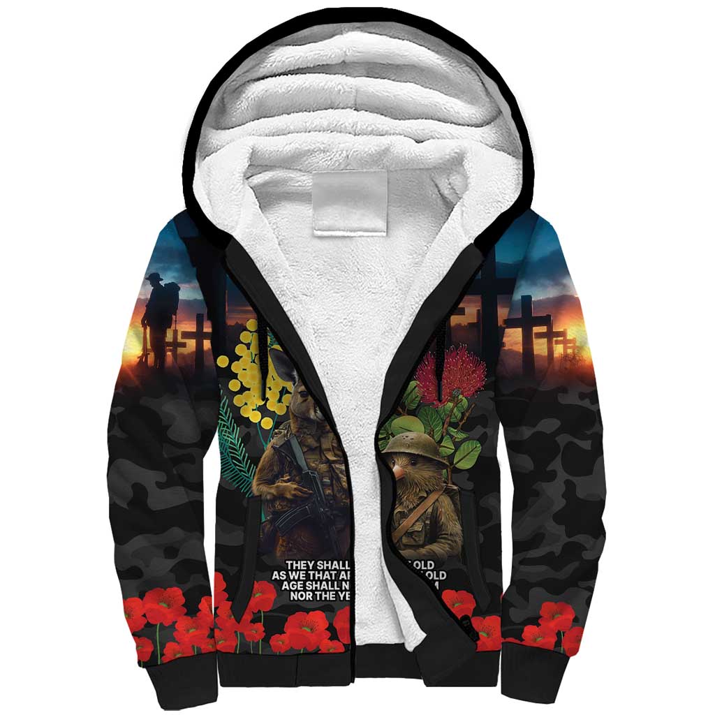Kangaroo-Kiwi Soldier ANZAC Personalised Sherpa Hoodie Golden Wattle and Pohutukawa Flowers LT9 Unisex Black - Polynesian Pride