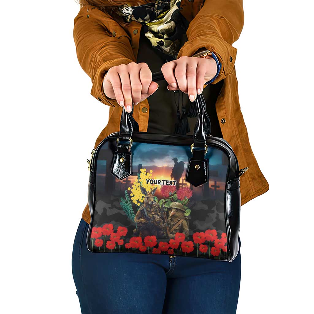 Kangaroo-Kiwi Soldier ANZAC Personalised Shoulder Handbag Golden Wattle and Pohutukawa Flowers