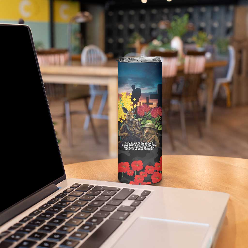 Kangaroo-Kiwi Soldier ANZAC Personalised Skinny Tumbler Golden Wattle and Pohutukawa Flowers