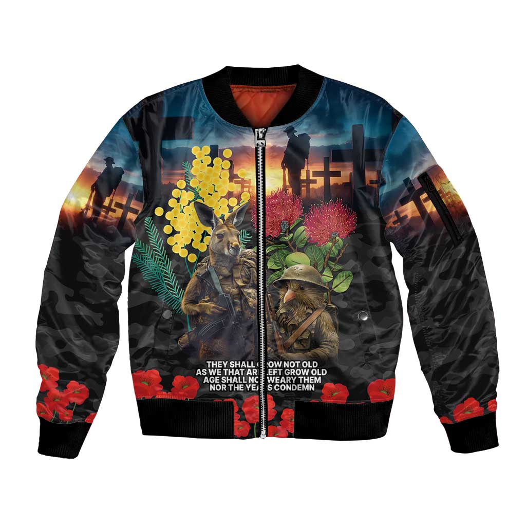 Kangaroo-Kiwi Soldier ANZAC Personalised Sleeve Zip Bomber Jacket Golden Wattle and Pohutukawa Flowers
