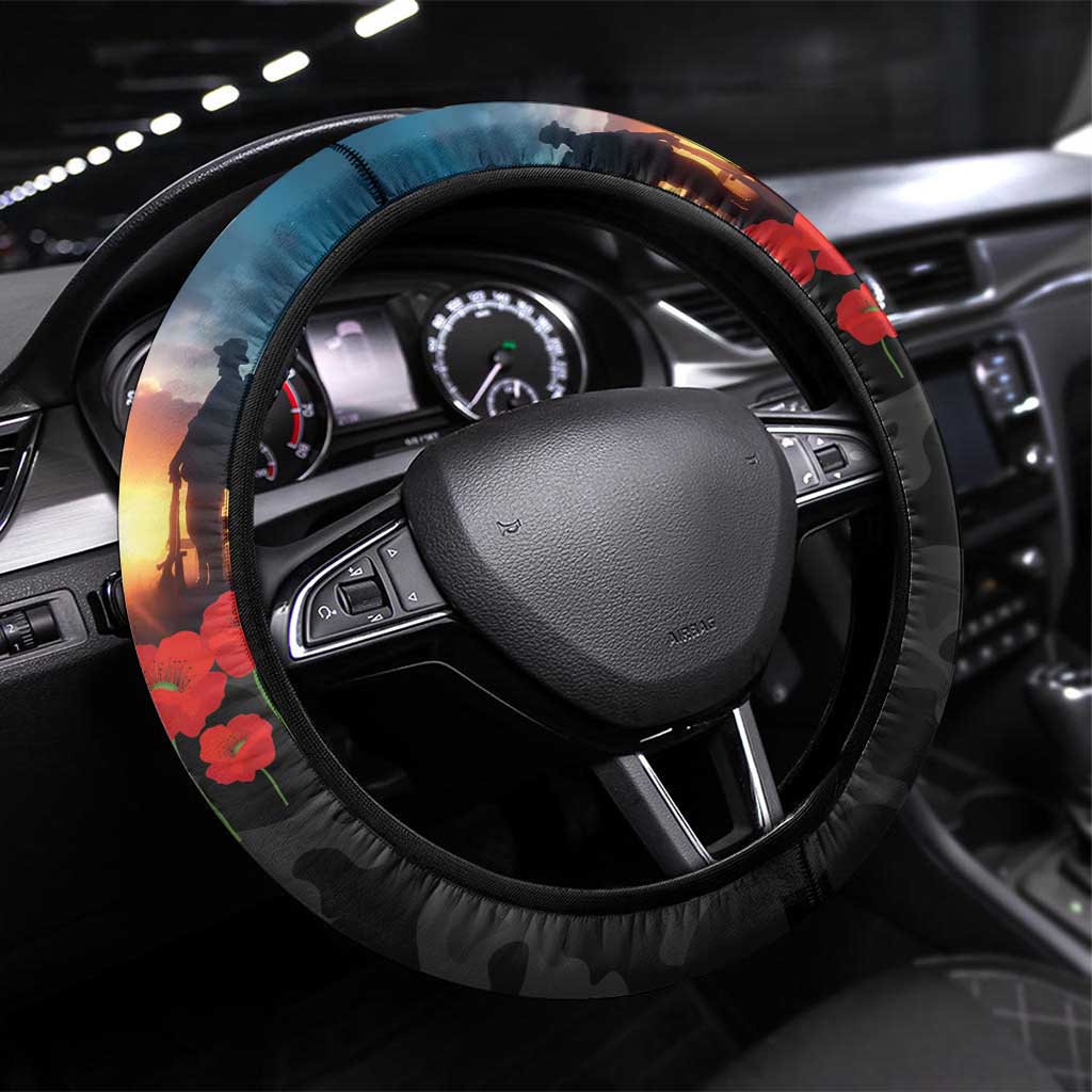 Kangaroo-Kiwi Soldier ANZAC Steering Wheel Cover Golden Wattle and Pohutukawa Flowers LT9 Universal Fit Black - Polynesian Pride