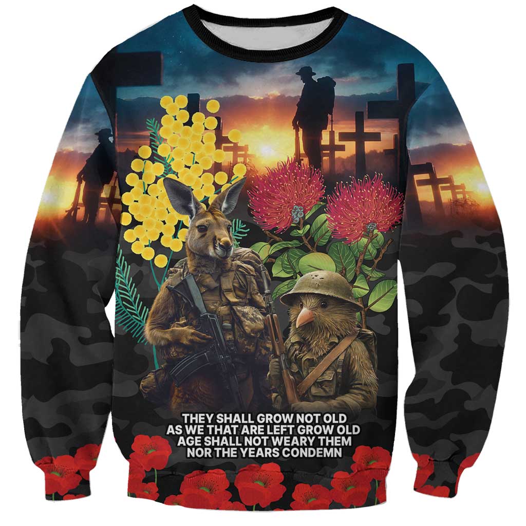 Kangaroo-Kiwi Soldier ANZAC Personalised Sweatshirt Golden Wattle and Pohutukawa Flowers LT9 Unisex Black - Polynesian Pride