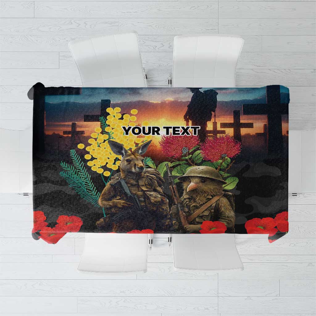Kangaroo-Kiwi Soldier ANZAC Personalised Tablecloth Golden Wattle and Pohutukawa Flowers LT9 Black - Polynesian Pride