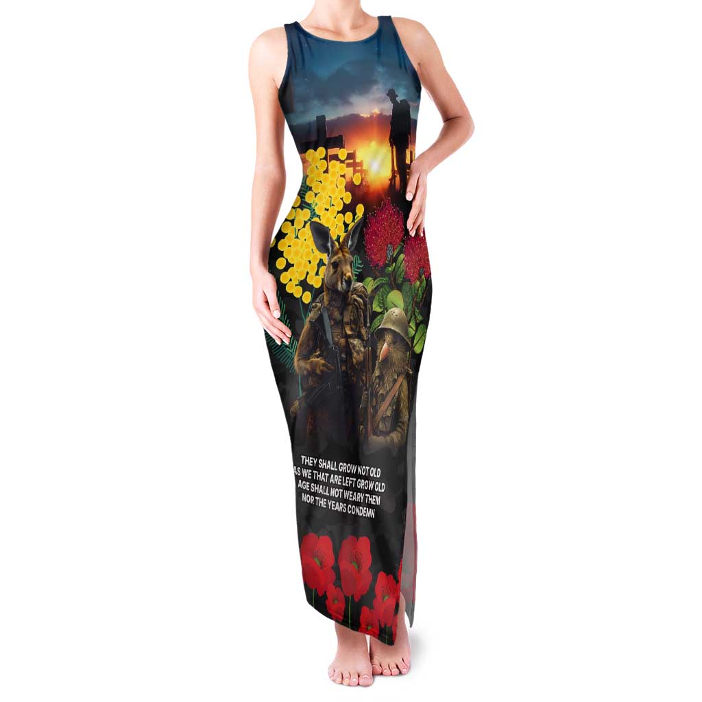 Kangaroo-Kiwi Soldier ANZAC Personalised Tank Maxi Dress Golden Wattle and Pohutukawa Flowers LT9 Women Black - Polynesian Pride