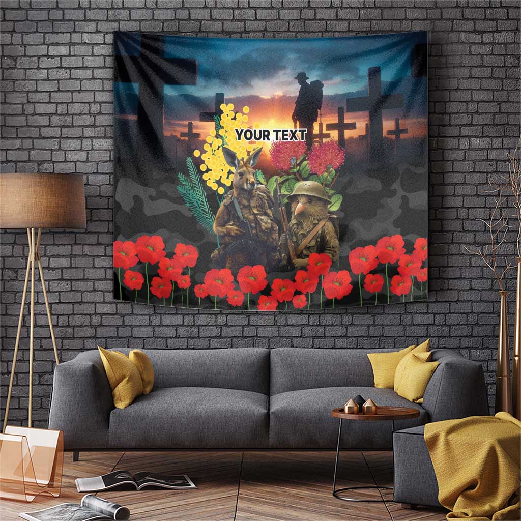 Kangaroo-Kiwi Soldier ANZAC Personalised Tapestry Golden Wattle and Pohutukawa Flowers