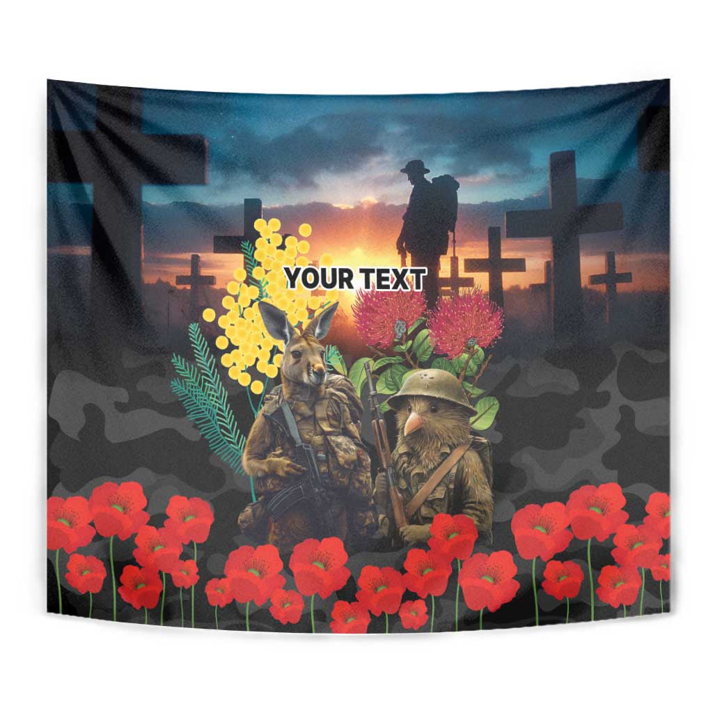 Kangaroo-Kiwi Soldier ANZAC Personalised Tapestry Golden Wattle and Pohutukawa Flowers