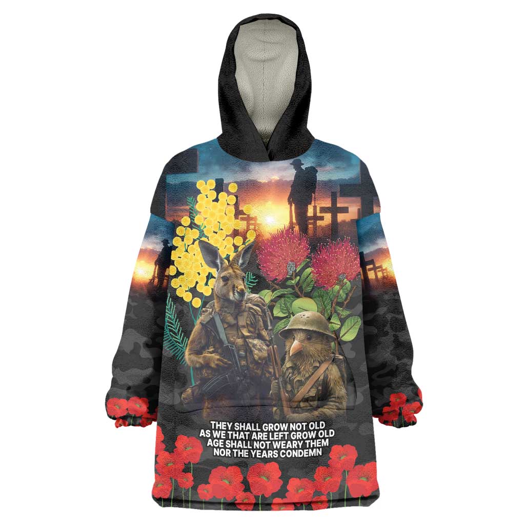 Kangaroo-Kiwi Soldier ANZAC Personalised Wearable Blanket Hoodie Golden Wattle and Pohutukawa Flowers LT9 One Size Black - Polynesian Pride