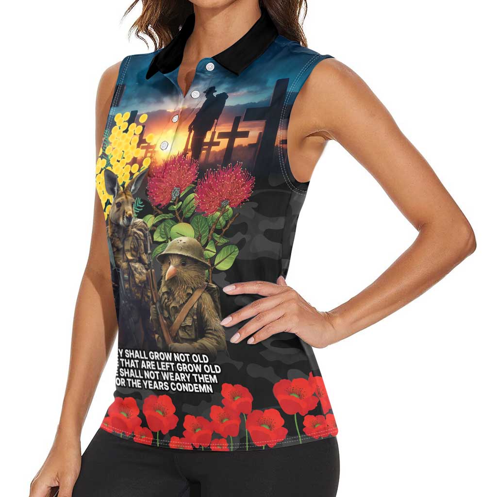 Kangaroo-Kiwi Soldier ANZAC Personalised Women Sleeveless Polo Shirt Golden Wattle and Pohutukawa Flowers