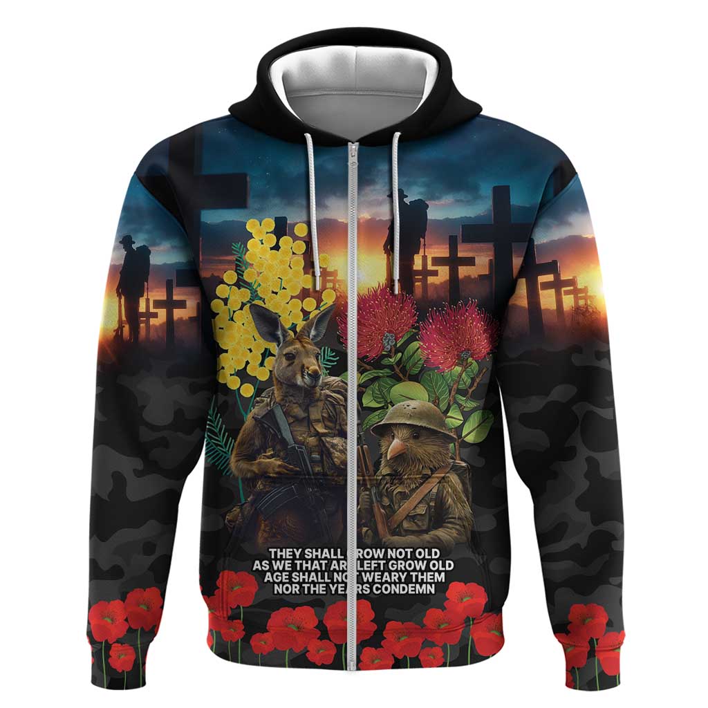 Kangaroo-Kiwi Soldier ANZAC Personalised Zip Hoodie Golden Wattle and Pohutukawa Flowers
