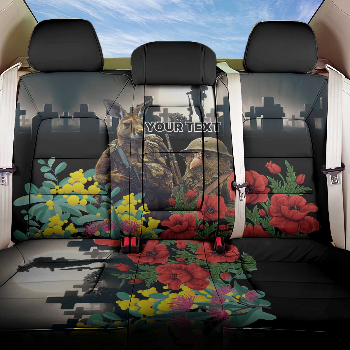 Kangaroo-Kiwi Soldier ANZAC Personalised Back Car Seat Cover Golden Wattle Poppy Flowers