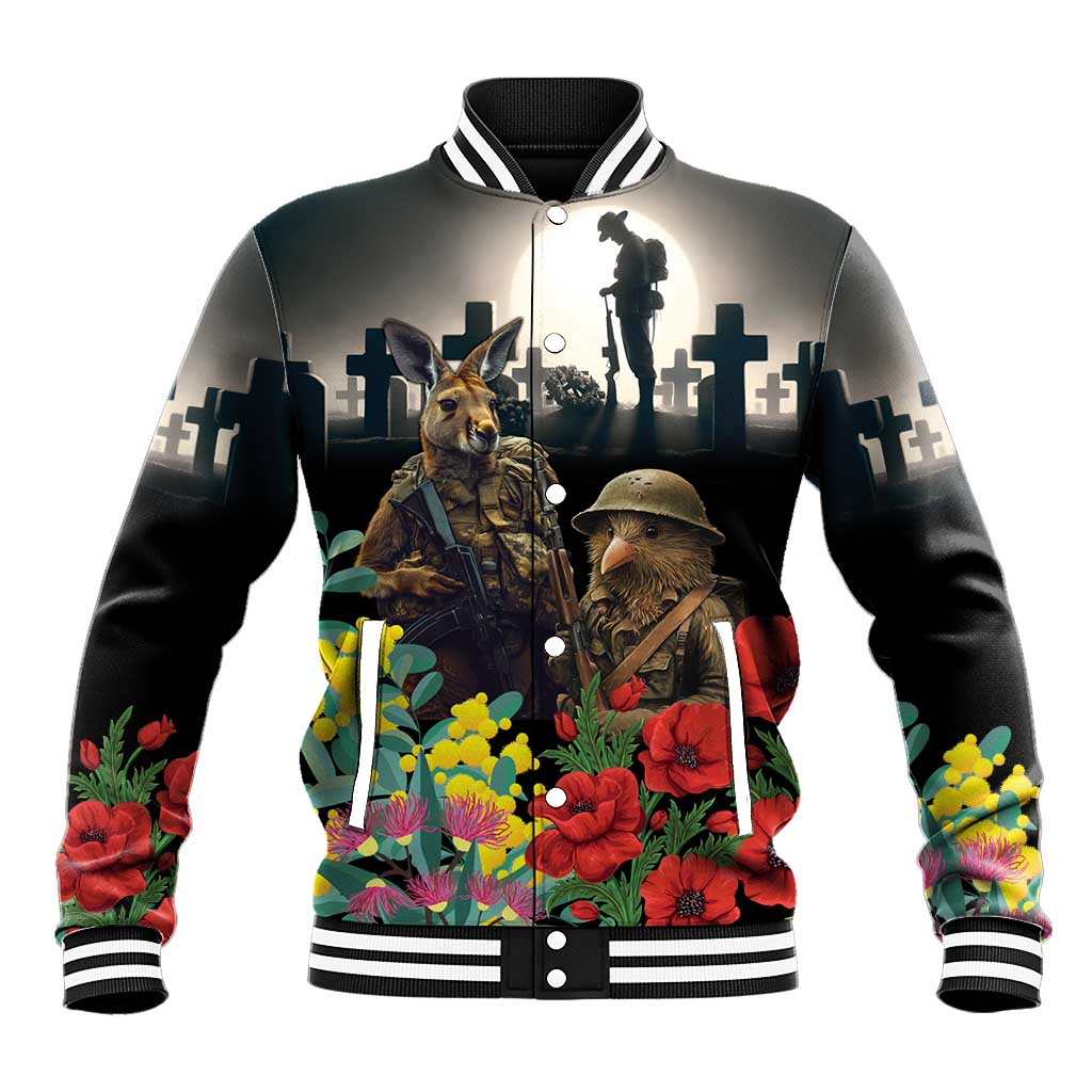 Kangaroo-Kiwi Soldier ANZAC Personalised Baseball Jacket Golden Wattle Poppy Flowers LT9 Unisex Black - Polynesian Pride