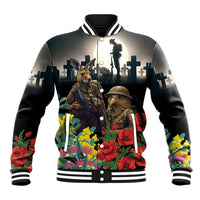Kangaroo-Kiwi Soldier ANZAC Personalised Baseball Jacket Golden Wattle Poppy Flowers LT9 Unisex Black - Polynesian Pride