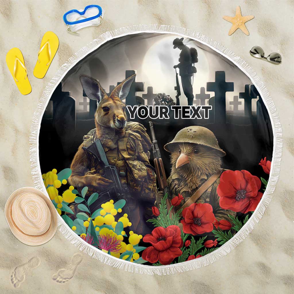 Kangaroo-Kiwi Soldier ANZAC Personalised Beach Blanket Golden Wattle Poppy Flowers LT9 One Size 150cm Black - Polynesian Pride