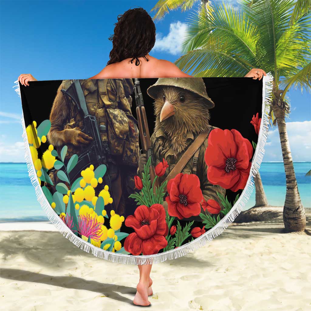 Kangaroo-Kiwi Soldier ANZAC Personalised Beach Blanket Golden Wattle Poppy Flowers LT9 - Polynesian Pride